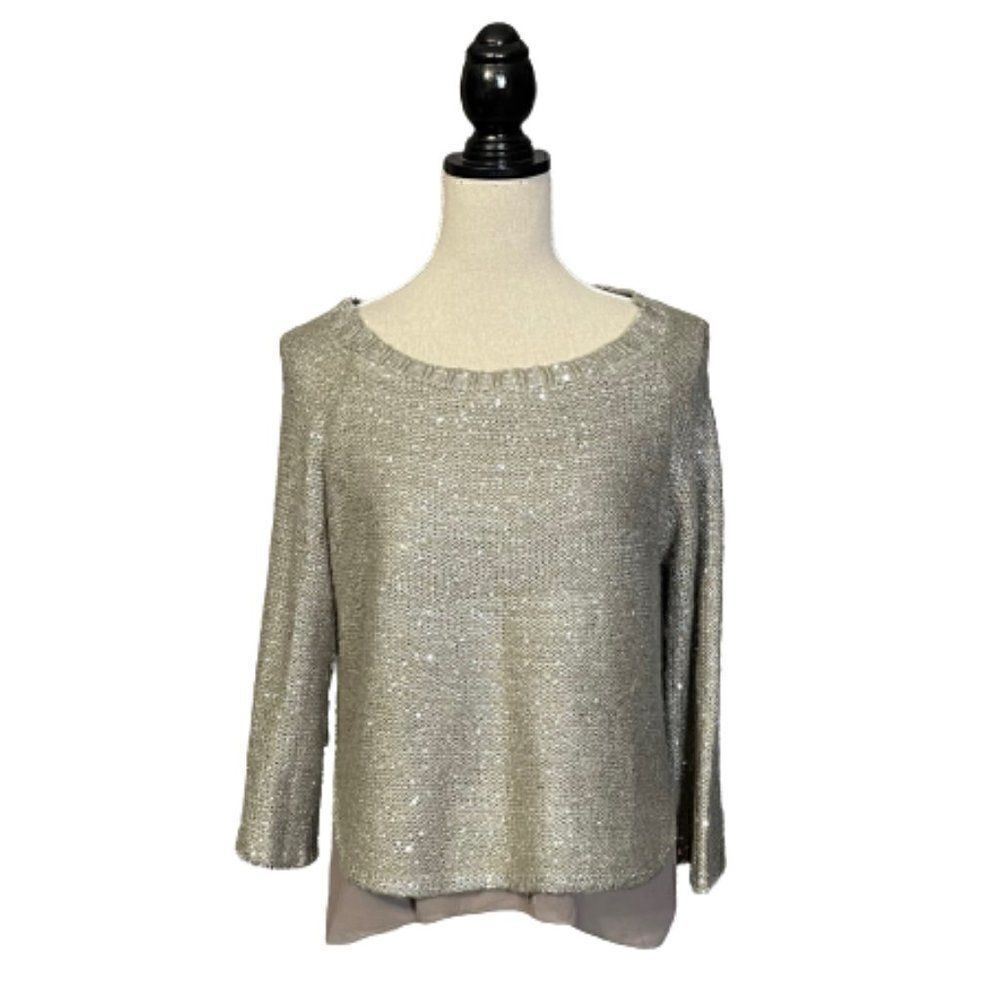 THML Taupe Layered Sweater Sequined Buttons up Back SUPER CUTE Sz S